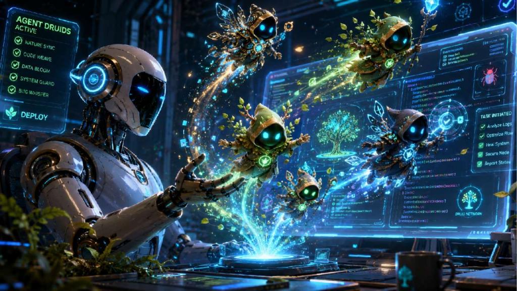 Agent druids deployed across a holographic control tower