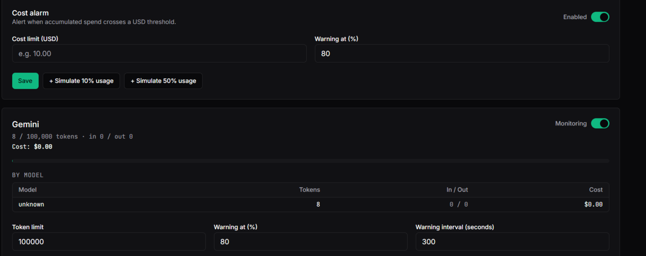 Cost alarm configuration
